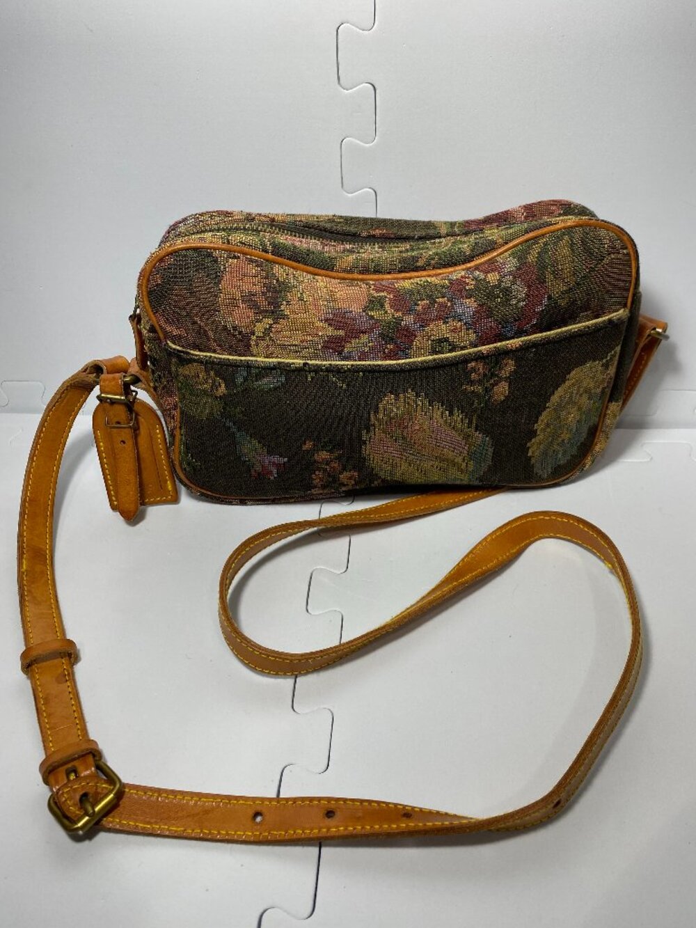 VINTAGE POLO RALPH LAUREN Floral Tapestry Crossbody Bag Leather Trim 10.5 x 7